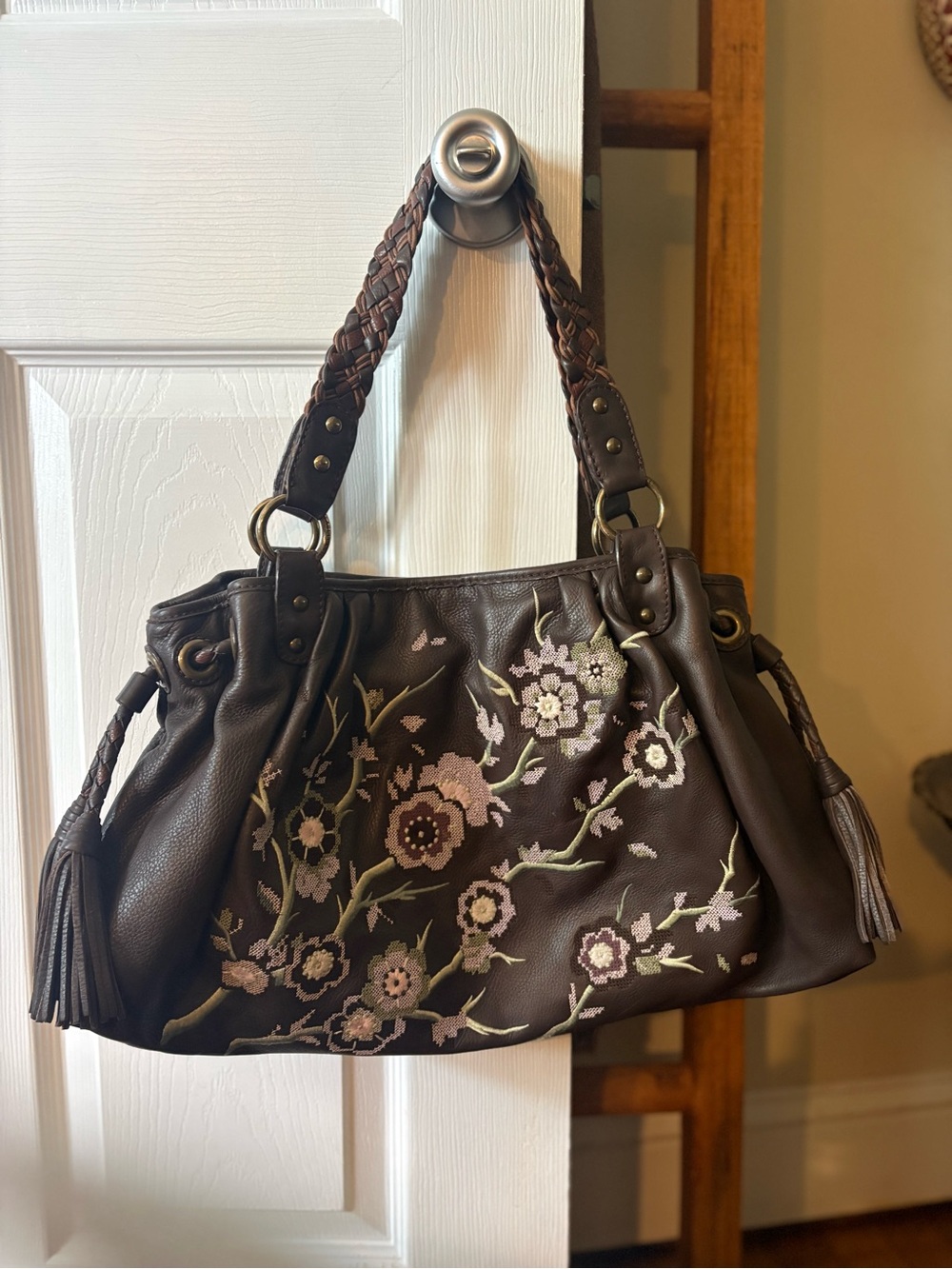Women’s Brown Embroidered Floral Tote Bag Isabella Fiore RARE
